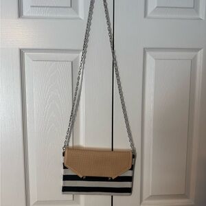 Stella & Dot Black & White Striped Clutch with Tan Flap & Multi-Coloured Interio